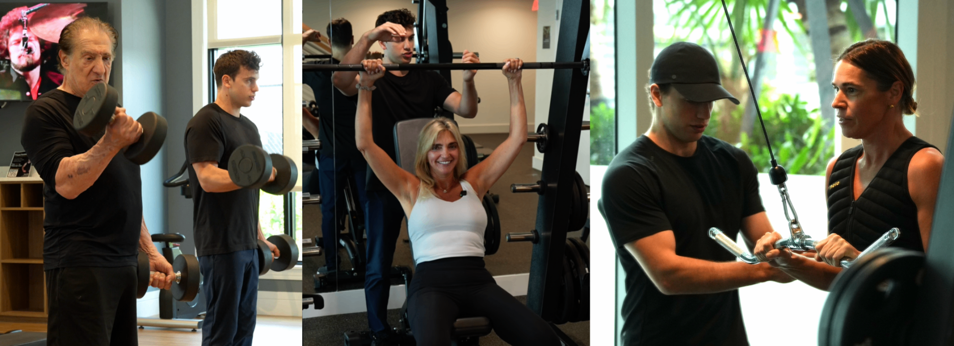 Three coaching scenes at Incend Fitness: dumbbell training, guided overhead press, and cable work with a trainer